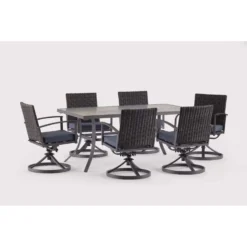 Living Accents Davenport 7 Pc Black Aluminum Swivel Dining Set Navy Blue