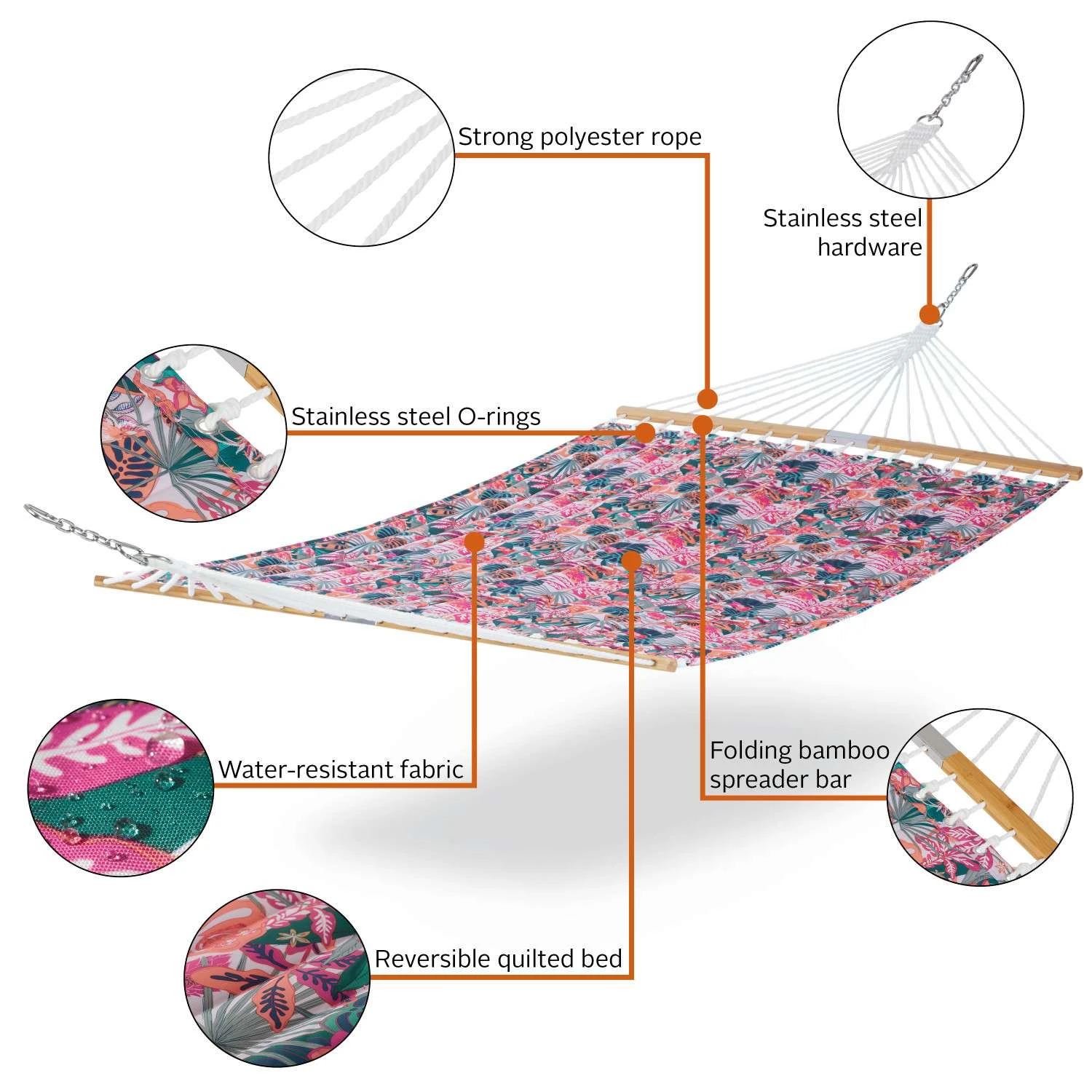 Classic Accessories 51 In. W X 78 Ft. L 2 Person Multi-color Rain Forest Canopy Coral Quilted Hammoc 3 Classic Accessories 51 In. W X 78 Ft. L 2 Person Multi-color Rain Forest Canopy Coral Quilted Hammoc - Image 3