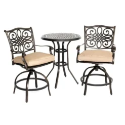 Hanover Traditions 3 Pc Bronze Aluminum Traditional High Dining Bistro Set Natural Oat