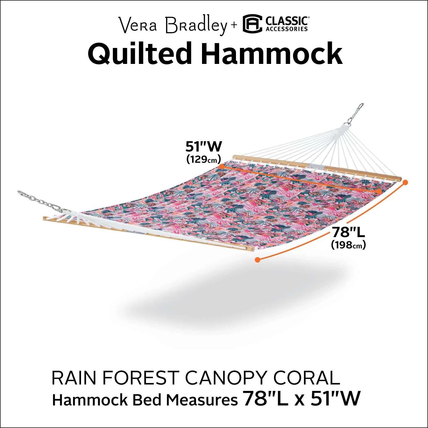 Classic Accessories 51 In. W X 78 Ft. L 2 Person Multi-color Rain Forest Canopy Coral Quilted Hammoc 2 Classic Accessories 51 In. W X 78 Ft. L 2 Person Multi-color Rain Forest Canopy Coral Quilted Hammoc - Image 2
