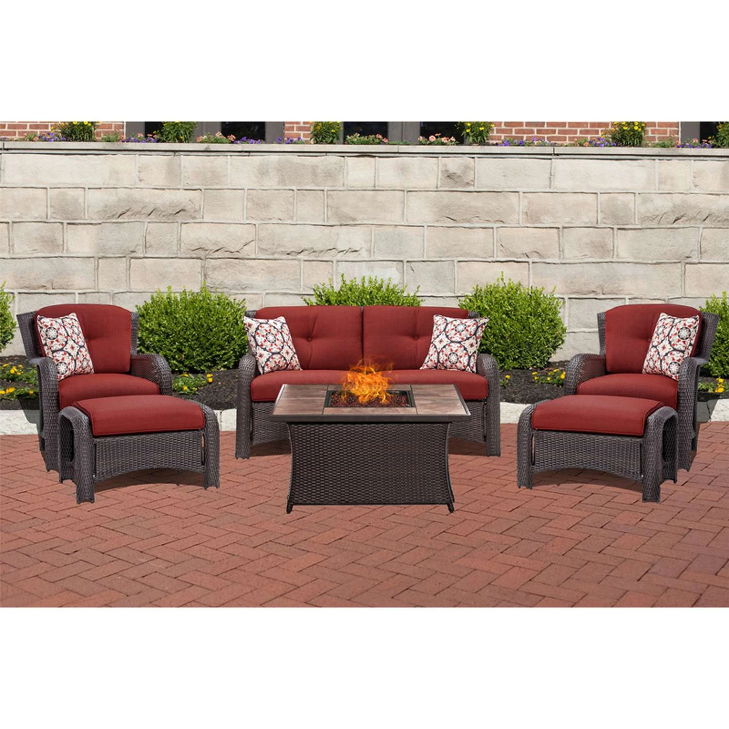 Hanover Strathmere 6 Pc Espresso Steel Traditional Fire Pit Set Crimson Red 3 Hanover Strathmere 6 Pc Espresso Steel Traditional Fire Pit Set Crimson Red - Image 3