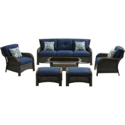 Hanover Strathmere 6 Pc Aged Barrel Steel Transitional Deep Seating Set Navy Blue