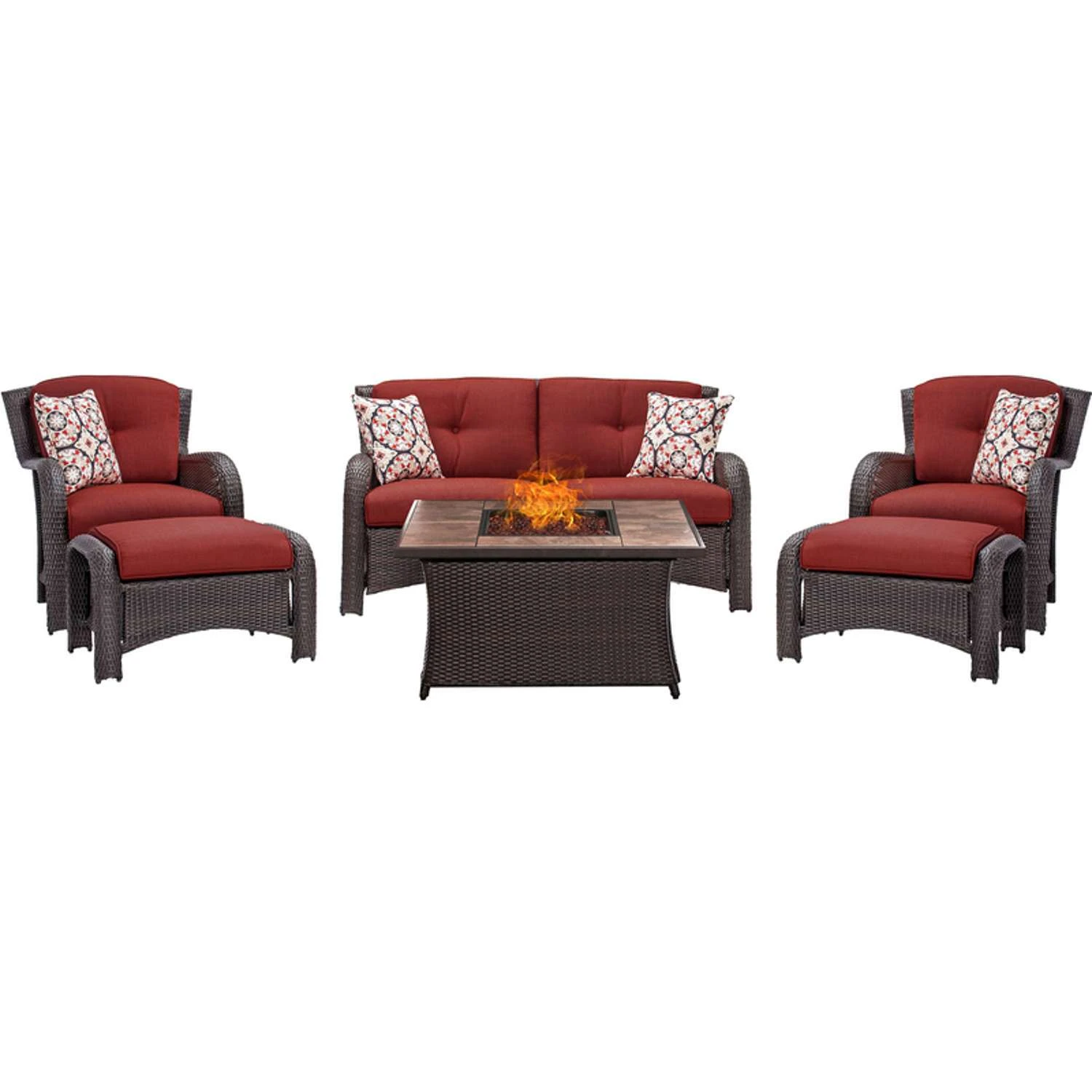 Hanover Strathmere 6 Pc Espresso Steel Traditional Fire Pit Set Crimson Red 1 Hanover Strathmere 6 Pc Espresso Steel Traditional Fire Pit Set Crimson Red