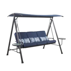 Living Accents 3 Person Black Steel Swing With Tables Blue