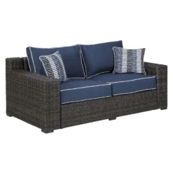 Signature Design By Ashley Grasson Lane Brown Aluminum Frame Conversation Loveseat Blue -Patio Paradise Shop 9a1fa898 3f38 40d5 a6f3 675bfe683f57