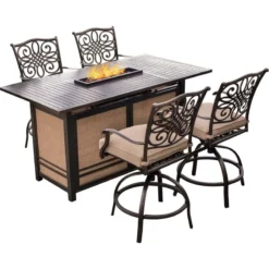 Hanover Traditions 5 Pc Bronze Aluminum Traditional High Dining Fire Pit Set Tan