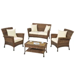 W Unlimited Home 4 Pc Brown Wicker Coastal Patio Set Beige