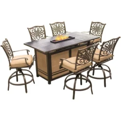 Hanover Traditions 7 Pc Bronze Aluminum Traditional High Dining Fire Pit Set Tan