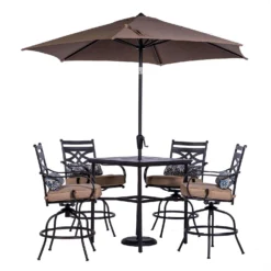 Hanover Montclair 5 Pc Dark Brown Steel Swivel High Dining Set Tan