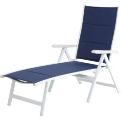 Mod Everson White Aluminum Frame Padded Sling Folding Chaise Lounge Navy Blue