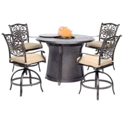 Hanover Traditions 5 Pc Bronze Aluminum Traditional High Dining Fire Pit Set Natural Oat